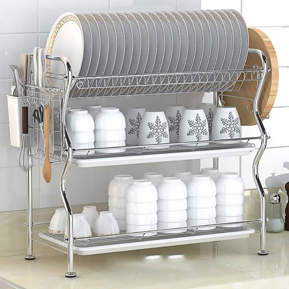 3 Tier Dish Drying Drainer Organizer Rack with Plastic Trays Stainless Steel Kitchen Dish Rack Holder for Countertop Space Saving Removable Utensil Holder Dish Storage Dishplay Stand Shelf