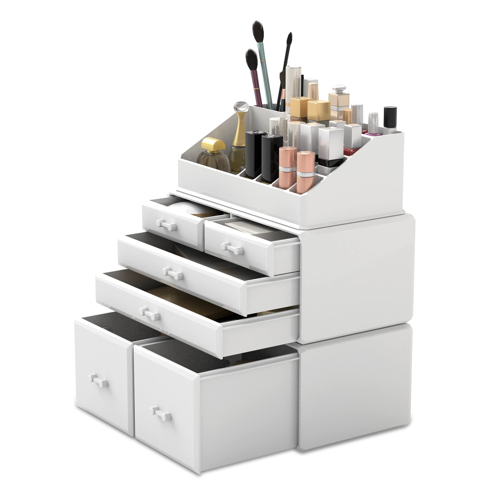 READAEER Makeup Cosmetic Organiser Storage Drawers Display Boxes Case with 6 Drawers, 3 Pieces, Freely Combined and Stacked.