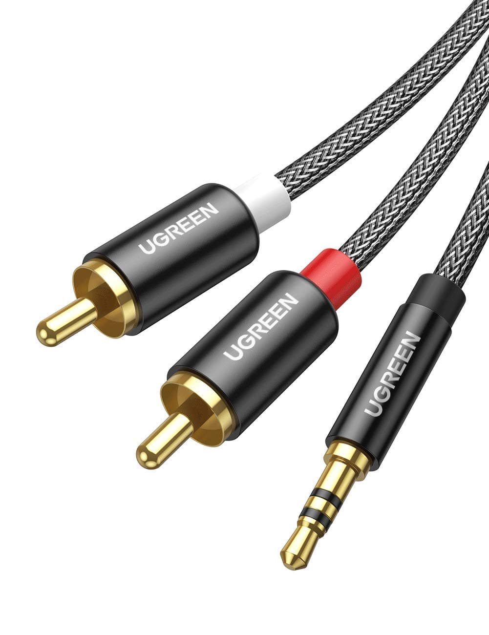 RCA to 3.5mm Audio Cable 1Meter, 2 RCA Male to 3.5mm(1/8") Male Stereo Jack Phono Y Splitter Nylon-Braided Aux Cable for DJ Controller, Dolby Digital, DTS, Speaker, Gold-plated Connector, Black