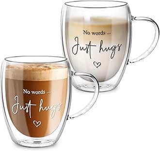 Top-spring Double Walled Glass Coffee Cups - Thinking of You Gift, Sympathy & Bereavement Gifts - 350ml Insulated Latte Glasses with Handles, Heat Resistant, Set of 2