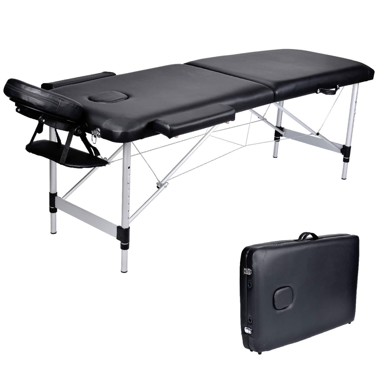 Wellhome Portable 2 Section Aluminium Massage Table Lightweight Adjustable Height Professional Folding Massage Bed Beauty Spa Treatment Couch, Free Headrest, Armrest, 600D Carry Bag(Black)