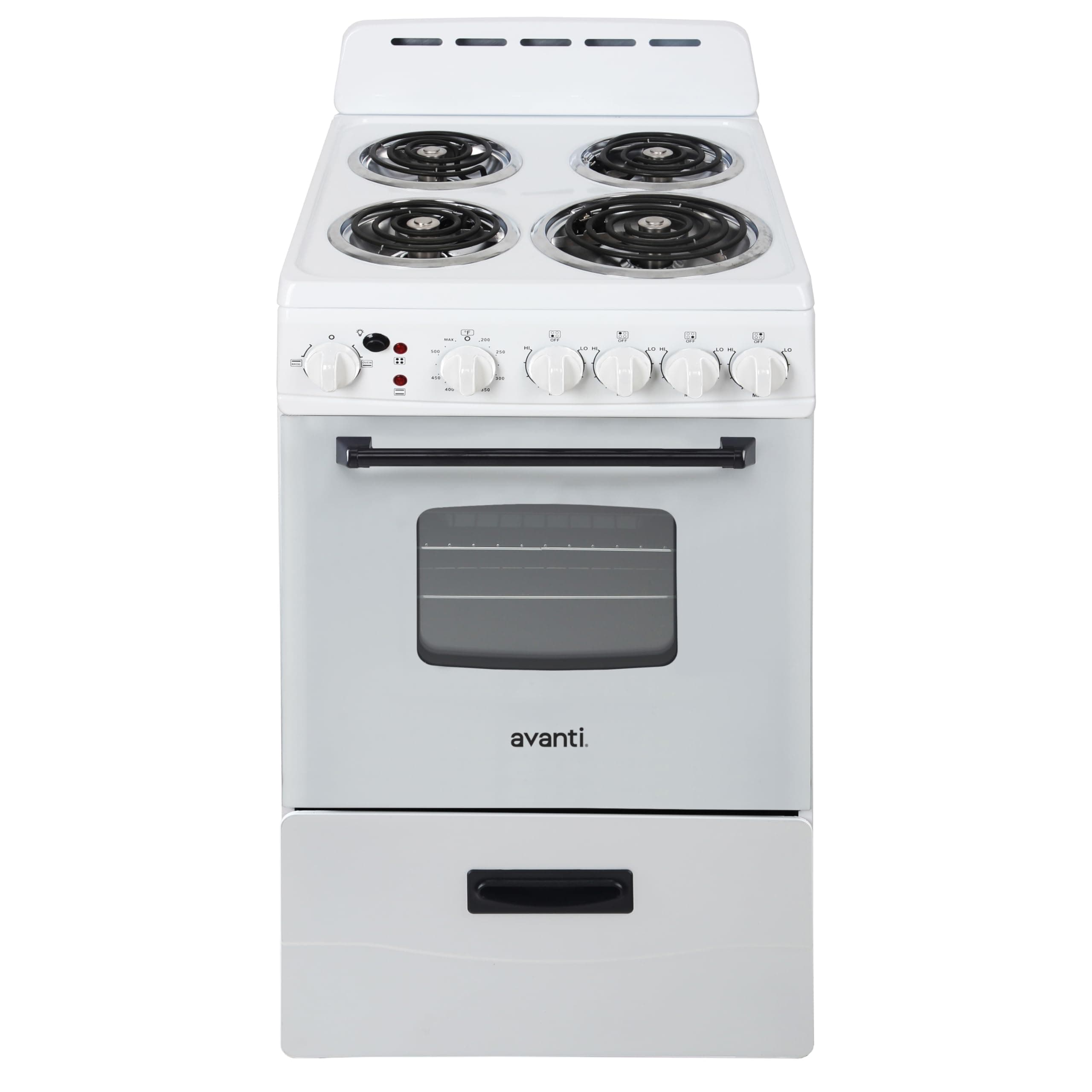 Avanti Electric Range Oven Compact Design, 2.1-Cu.Ft. Capacity with 4 Coil Burners, Framed Glass Oven Door, Storage Drawer and Broiler with Pan, 20-Inch, White