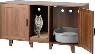 GYMAX 2-Door Cat Litter Box Enclosure, Large Stackable Hidden Privacy Kitty Washroom Furniture Cabinet with Winding Entry and Scratching Board, Indoor Cat House TV Stand Side Table (Coffee)