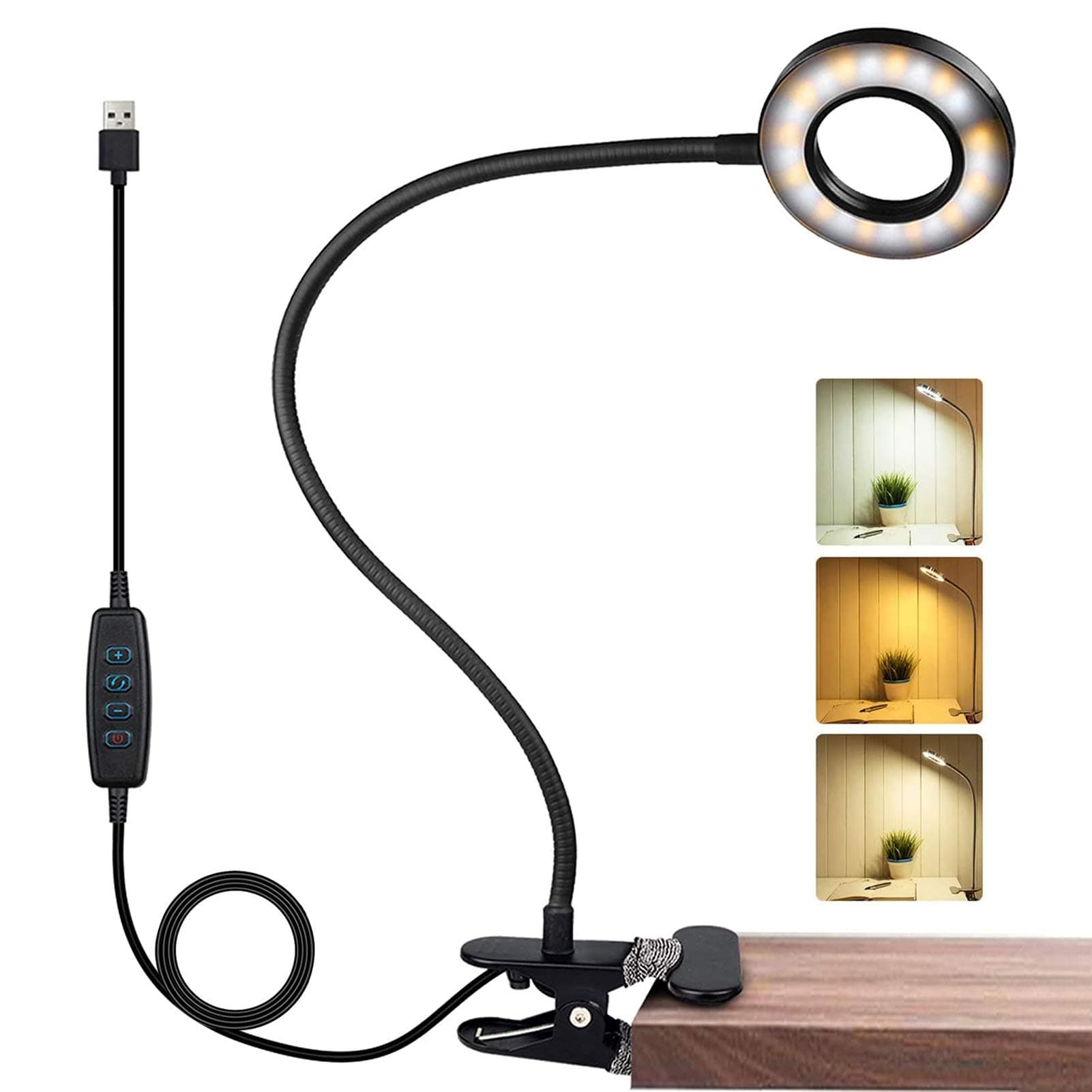 LED Desk Lamp Architect Task Lamp Clamp-on Metal Swing Arm Desk Lamp, Adjustable Arm Office Reading Study Eye Care Lamp with 3 Brightness Levels USB Charging