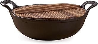 HomeEssentials Cast Iron Kadai with Wooden Lid | Pre Seasoned Iron Kadai with Handles and Flat Base | Iron Wok for Cooking | Uncoated Kadai for Electric Induction (25cm)