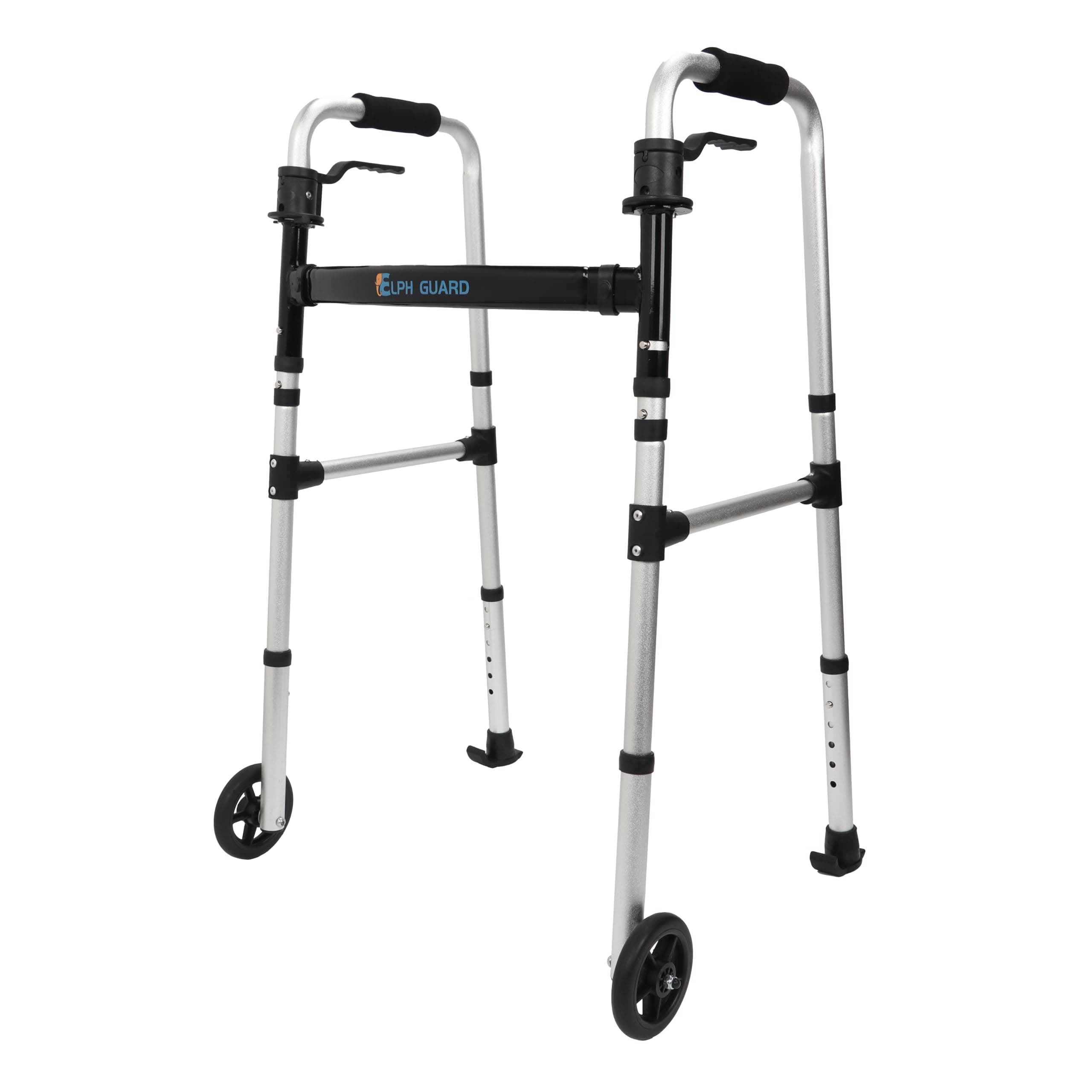2×5" Front Wheeled Walker, Lightweight Walkers Foldable, 2 Wheel Walker, Six Adjustable Heights for Seniors, Rolling Walker, Standard Walker with Wheels, Weight Capacity 300lbs, Silver