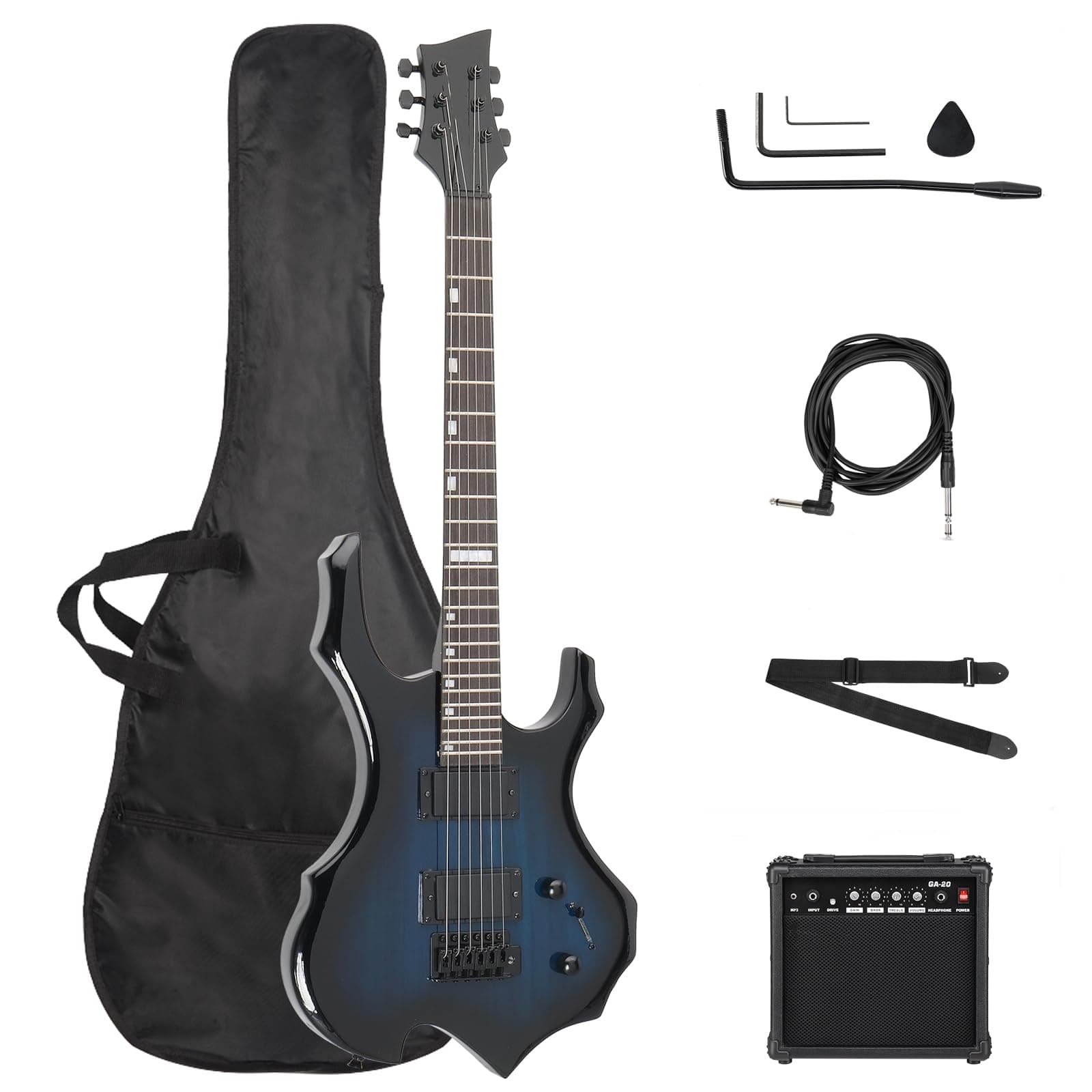 Solid Body Electric Guitar, Flame Design Electric Guitar Kit with 20Watt Amp, Gig Bag, Shoulder Strap, H-H Pickups 36 Inch Electric Guitars for Beginners & Professional (Blue)