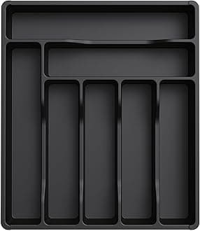 Lifewit Cutlery Drawer Organiser, Plastic Cutlery Tray for Kitchen Drawer, Utensil Flatware Silverware Holder Divider for Spoons Forks Knives Tableware, 7 Compartment, Black