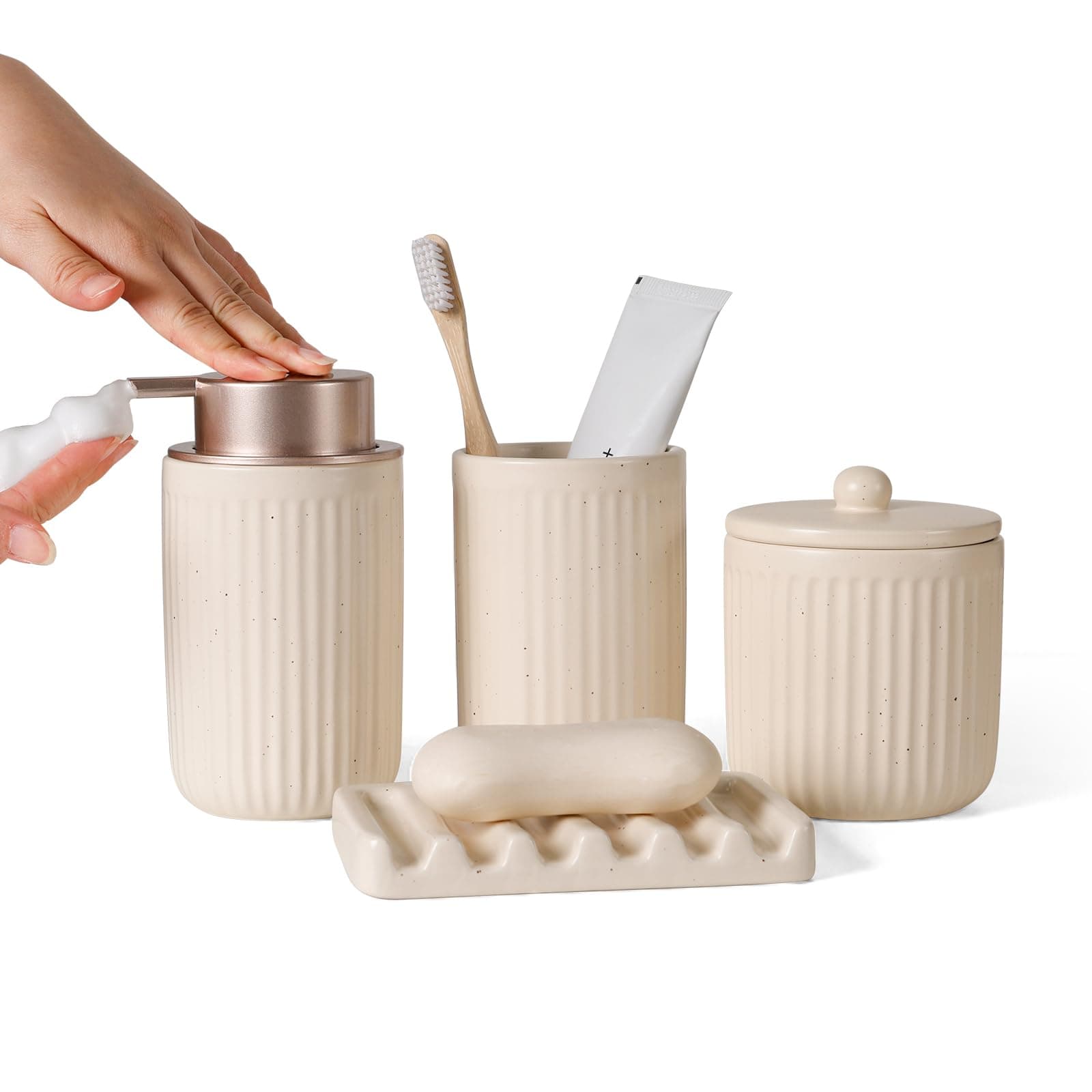 BosilunLife Bathroom Accessories Set - Ceramic Bathroom Set Bathroom Decor Sets Bathroom Counter Foam Soap Dispenser and Toothbrush Holder Set, Soap Dish, Apothecary Jar (Striped Apricot)