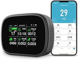 18-in-1 Smart Air Quality Monitor - Indoor WiFi Air Quality Detector with Dual Chip, Real-Time for AQI, CO2, PM2.5, PM1.0, PM10, TVOC, HCHO, Time Display, Temperature & Humidity with Aler (Black-B)