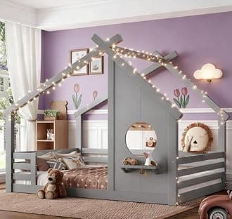 Bellemave Full House Floor Bed with Rail for Kids, Wood Montessori Floor beds with Window and a Small Shelf for Kids, Gray