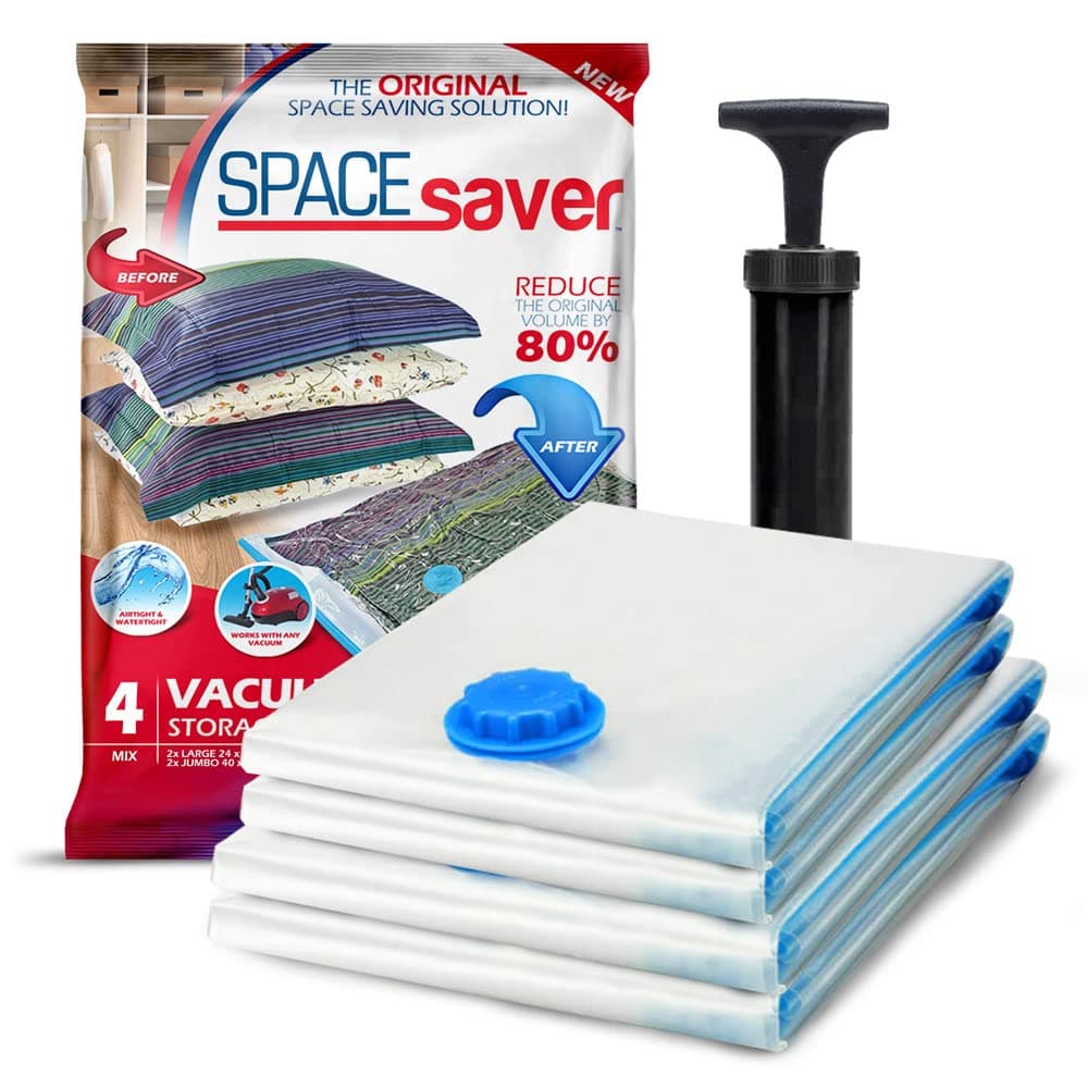 Spacesaver Premium Vacuum Storage Bags with 80% More Storage - Includes Hand-Pump for Travel - Double-Zip Seal and Triple Seal Turbo-Valve for Max Space Saving - Variety 4 Pack (2 x Large, 2 x Jumbo)