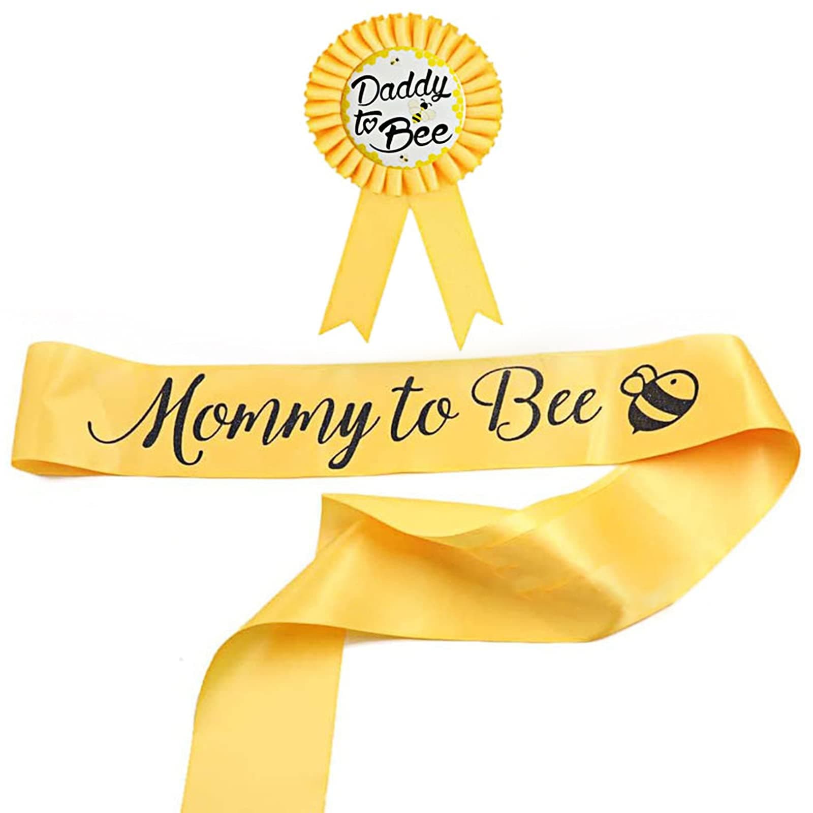 Makingtec 2 Packs Decorations Mommy To Bee Sash And Daddy Tinplate Badge With Cute Pattern Baby Welcome Party Gifts (Yellow)