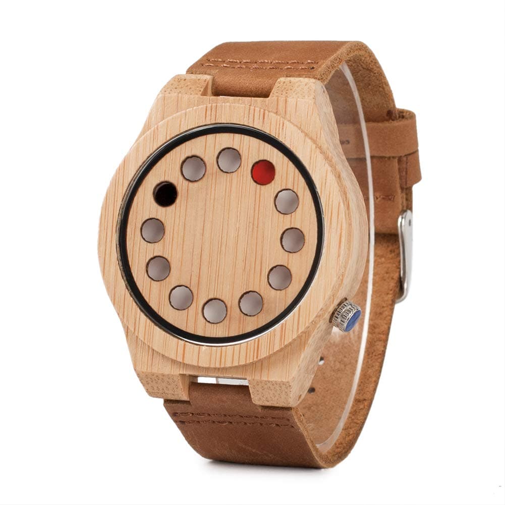 Men's Bamboo Watch Black Cowhide Strap 12 Holes Timer Design Sport Casual Watch, Brown Cat Eye, Classic