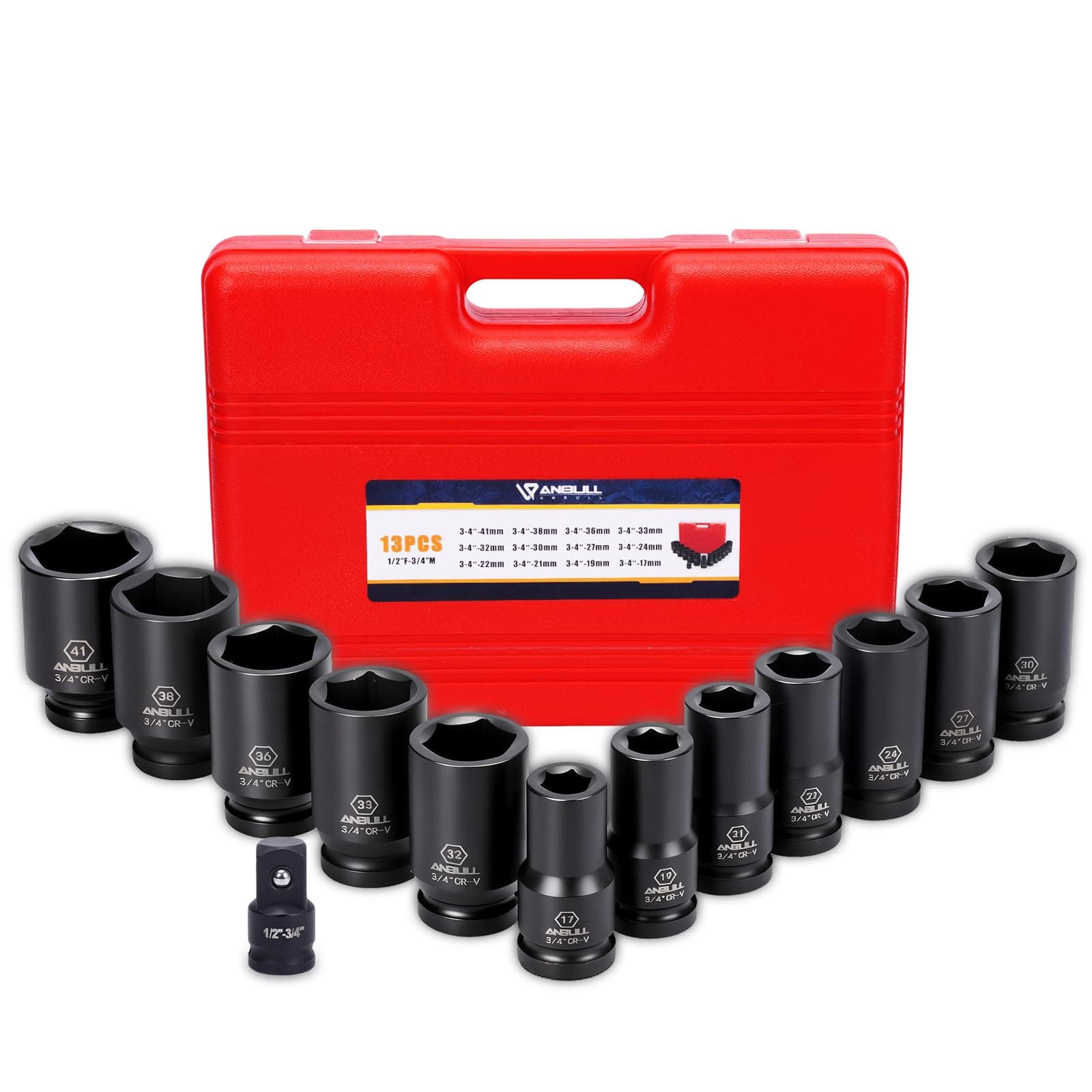 Anbull 3/4 Inch Drive Deep Impact Socket Set, 13 Piece Metric Combination, Sizes 17mm 19mm 21mm 22mm 24mm 27mm 30mm 32mm 33mm 36mm 38mm 41mm Hex Socket Set, 6 Point Design, Cr-V Chrome Vanadium Steel