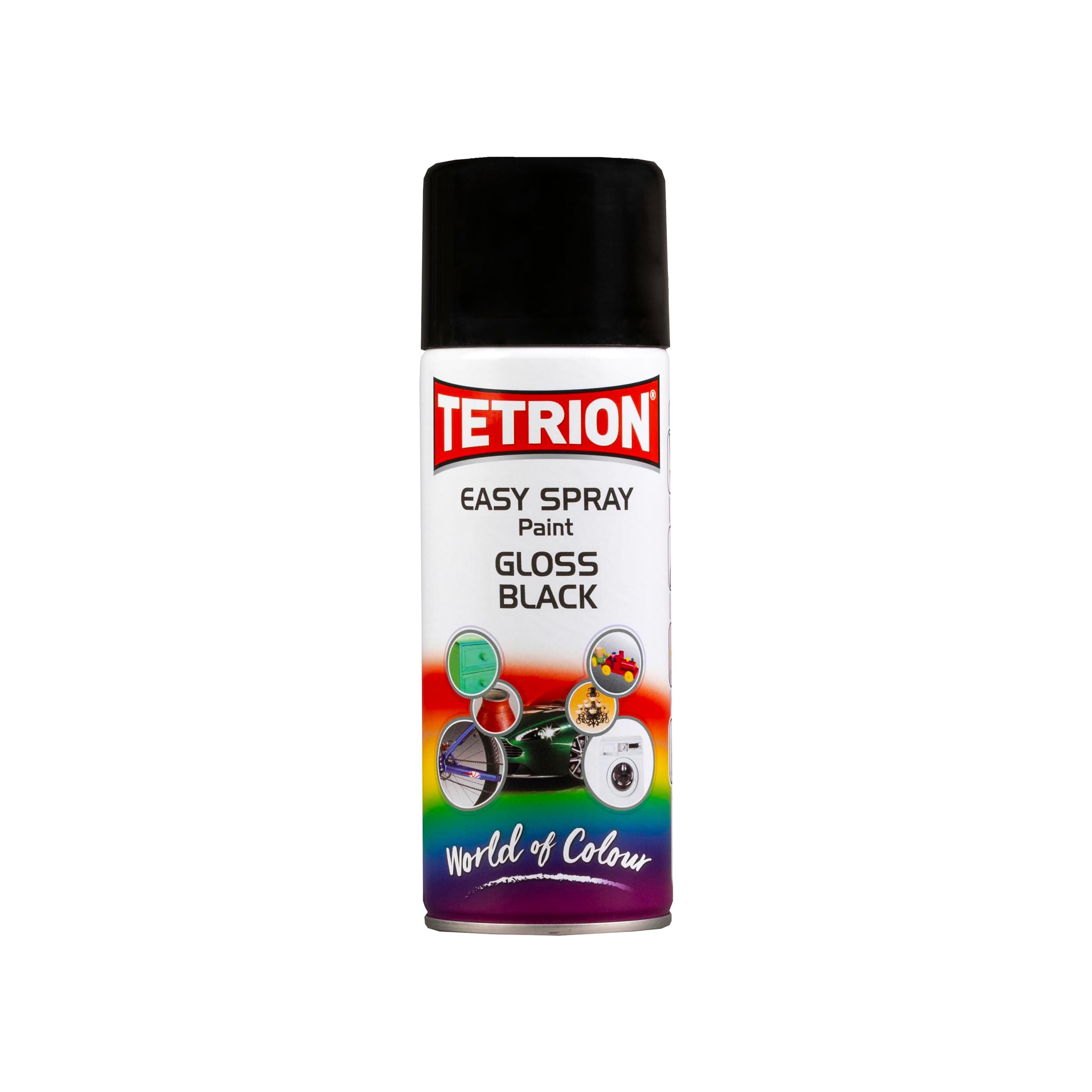 Tetrion Easy Spray Paint – Gloss Black 400ml - All-Purpose Fast Drying Acrylic Spray for Wood, Metal, Plastic, Ceramic & More, Smooth Base Coat - Indoor & Outdoor Use, 13.5 Oz