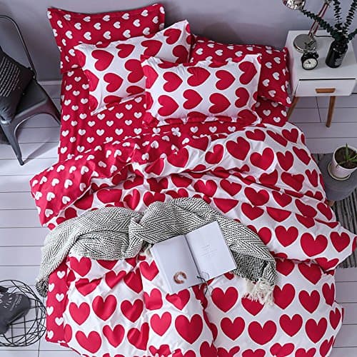 KFZ Bed Set (Twin Full Queen King Size) [4 Piece: Duvet Cover, Flat Sheet, 2 Pillow Cases] No Comforter KY Peppy Star Red Heart Forest Cloud Design for Teens Kids (Red Heart, Pink, King, 86"x94")