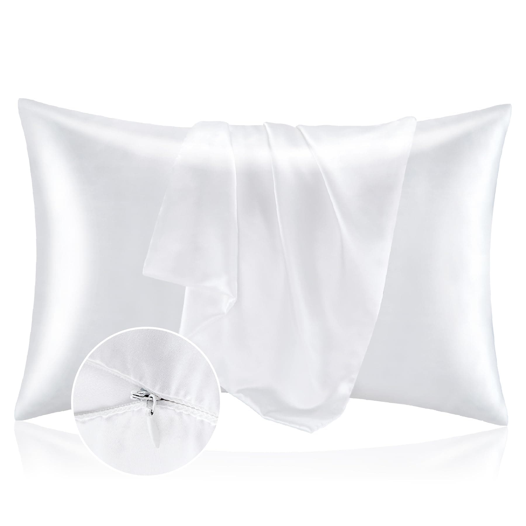 BEDELITE Satin Pillowcase with Zipper 2 Pack, White Pillow Cases Standard Size, Super Soft and Cooling Similar to Silk Pillow Cases, Gift for Women Men(20x26 Inches)