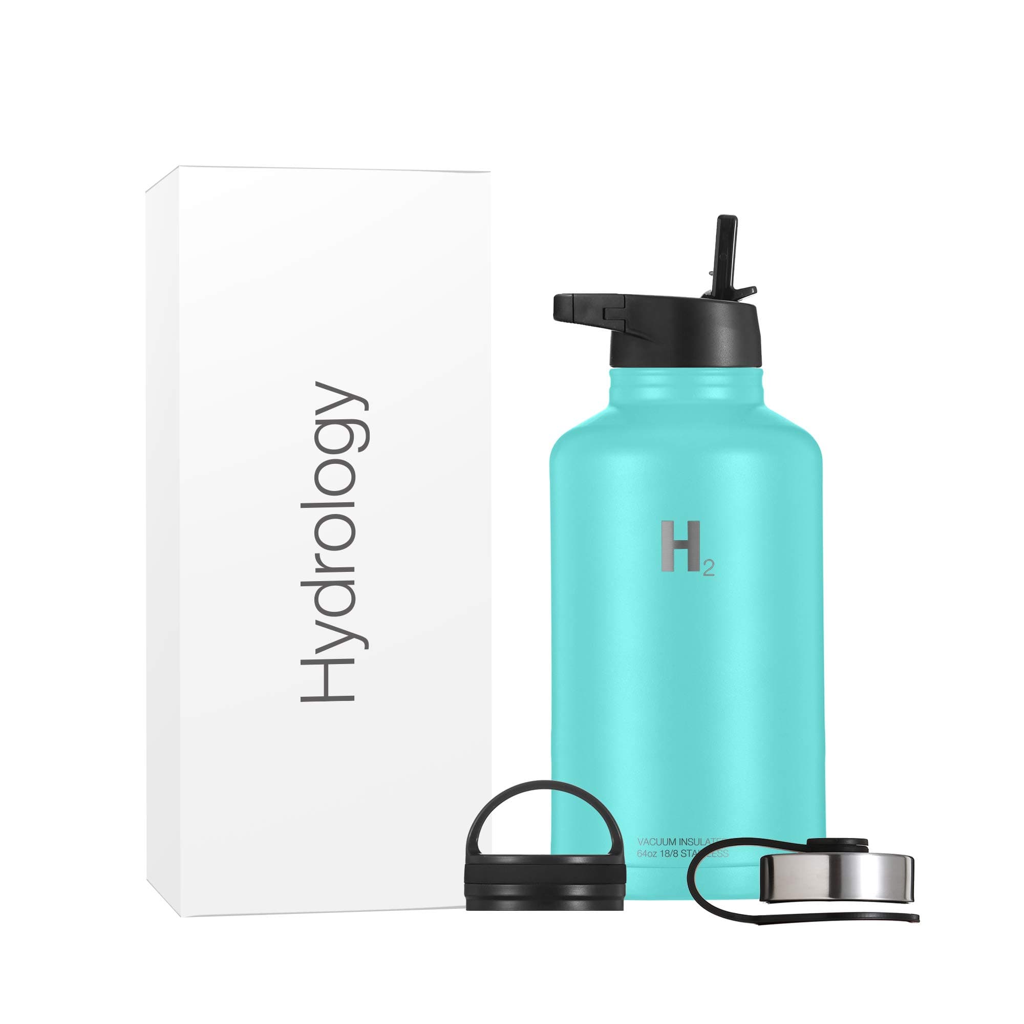 H2 Hydrology Water Bottle - 18 oz, 22 oz, 32 oz, 40 oz, or 64 oz with 3 LIDS Double Wall Vacuum Insulated Stainless Steel Wide Mouth Sports Hot & Cold Thermos (64 oz, Aquamarine)