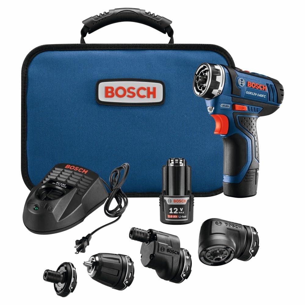 Bosch 12V Max Cordless Power Drill Driver Kit with 5-in-1 Flexiclick System Multi-Head Drill Set with (2) 2 Ah Batteries (GSR12V-140FCB22)