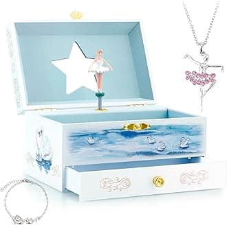 RR ROUND RICH DESIGN Kids Musical Jewelry Box with Pretty Jewelry Set and Storage Drawer Elegant Ballet Girl Theme - Swan Lake Tune White