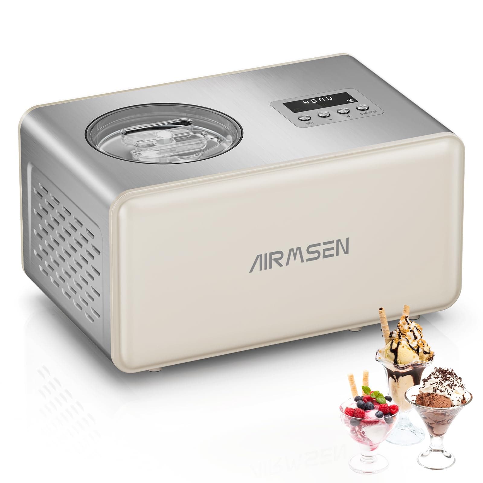 AIRMSEN Ice Cream Maker - Electric Self-cooling, 2.1 Qt, White, Automatic, No Pre-cooling Required