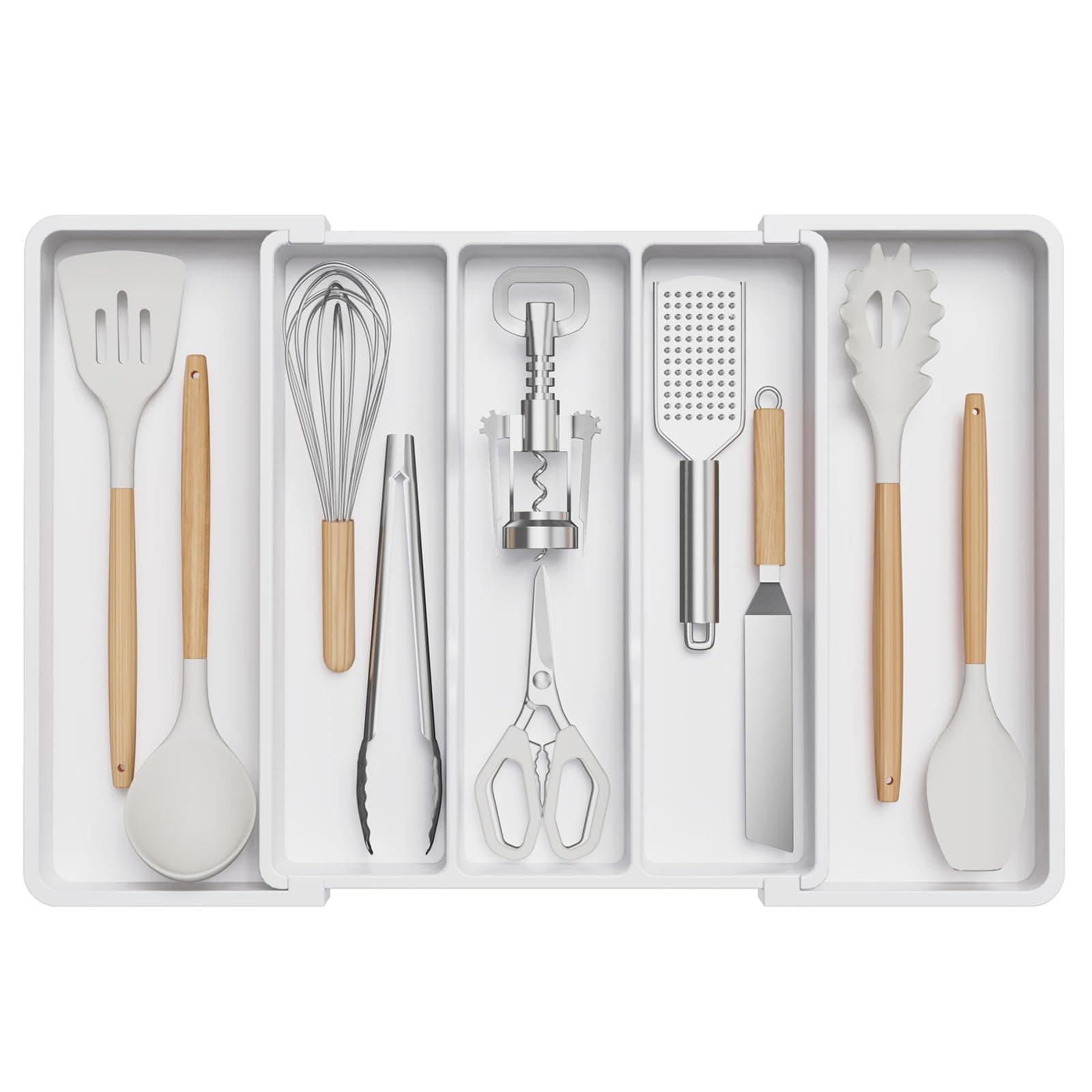 Lifewit Utensil Drawer Organiser, Extendable Cutlery Tray for Kitchen, Adjustable Silverware Flatware Holder, Plastic Kitchen Spatula Tools and Gadgets Storage Divider, Large, White