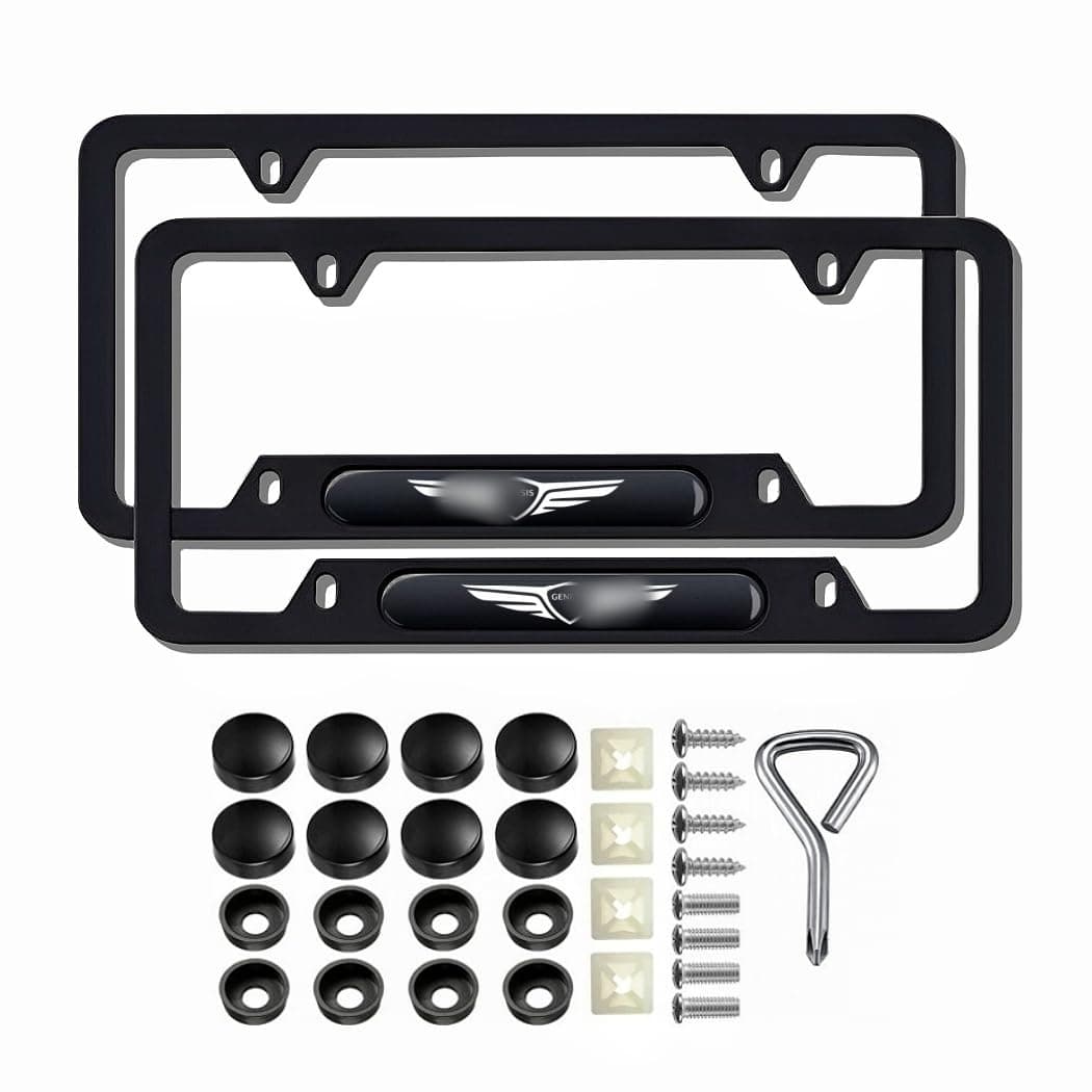 2 Pcs Black License Plate Frames Metal Aluminum Material 4 Holes License Plate Covers Screw Caps Cover Set Compatible with g70 g80 g90 gv60 gv70 gv80 .etc