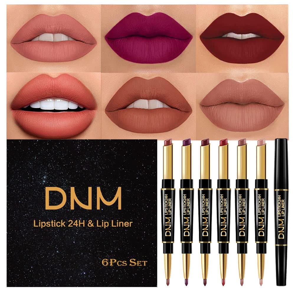 evpct 6Pcs Lip Liner and Lipstick Combo Set, DNM 2-in-1 Waterproof Lipstick and 24H Lip liner Set for Women, Antique Rose Chestnut Nude Dark Brown Matte Lipstick Pen with Lip Liner Set Long Lasting 24