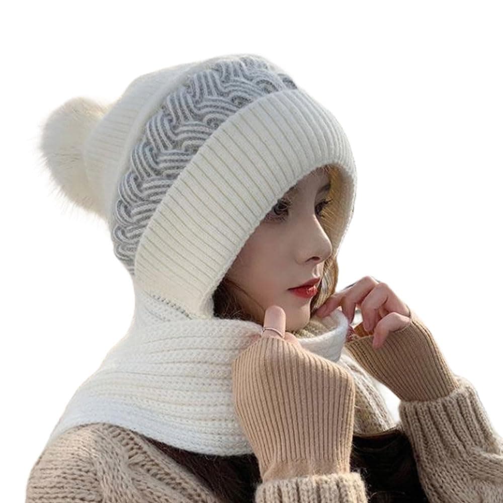 v.jeeyyv-jeeyy Women's hat Scarf Integrated hat Winter Windproof Woolen Knit hat