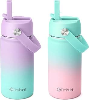 FimibukeKids Insulated Water Bottle - 14oz BPA-FREE 18/8 Stainless Steel Travel Tumbler Leak Proof Double Wall Vacuum Kid Cup with Straw Metal Water Bottle for School Boys Girls（2 Pack, Candy/Bubble）