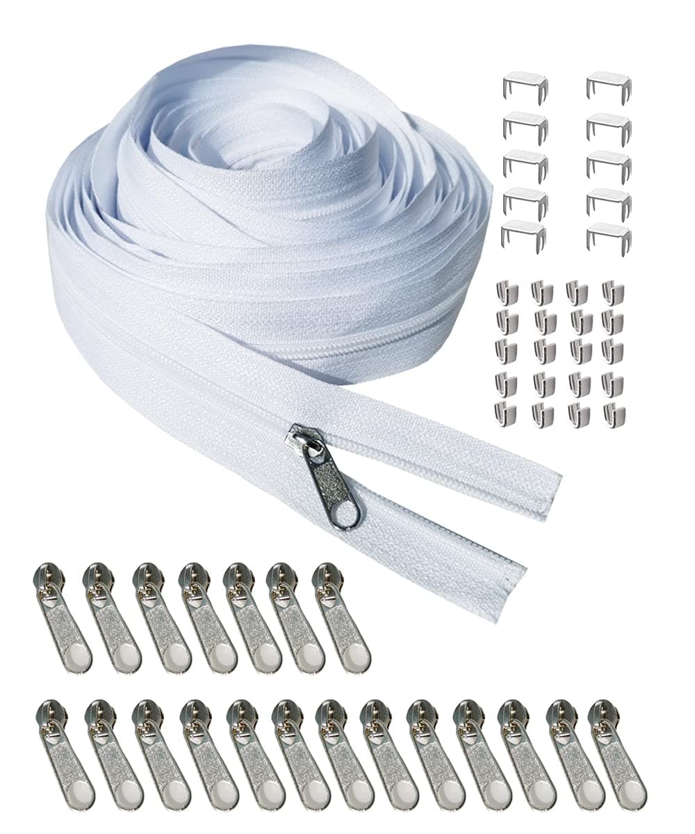 JOSDIOX Zipper by The Yard #3 White Sewing 10 Yard Long Zippers in Continuous,Nylon Coil with 20pcs Zipper Sliders/Pull and 30pcs Stops for Upholstery Sewing