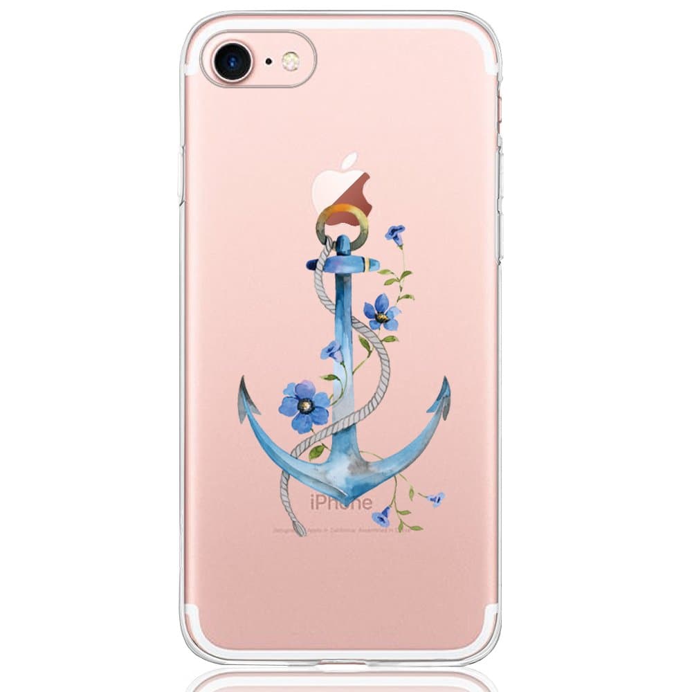 iPhone 7/8 Case, Dolce Vita Series Slim Fit Silicone Clear Case for Ladies/Girls with Blue Anchor Floral Design