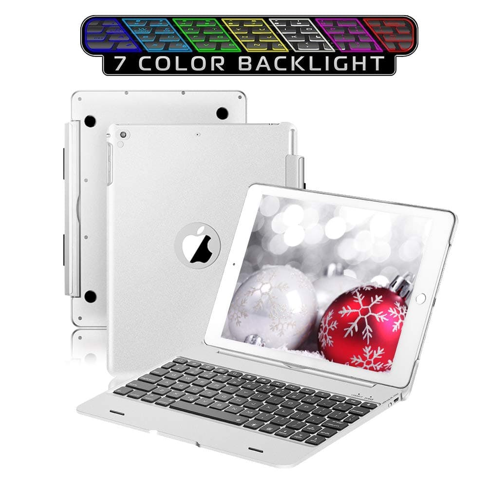 New Keyboard fit for ipad 9.7/ipad Air Keyboard Case, 7 Color Backlight Detachable Keyboard Folio Wireless Stand Keyboard Cover for ipad 5/6,Smart Automatic Sleep/weak for iPad Pro 9.7（Silver