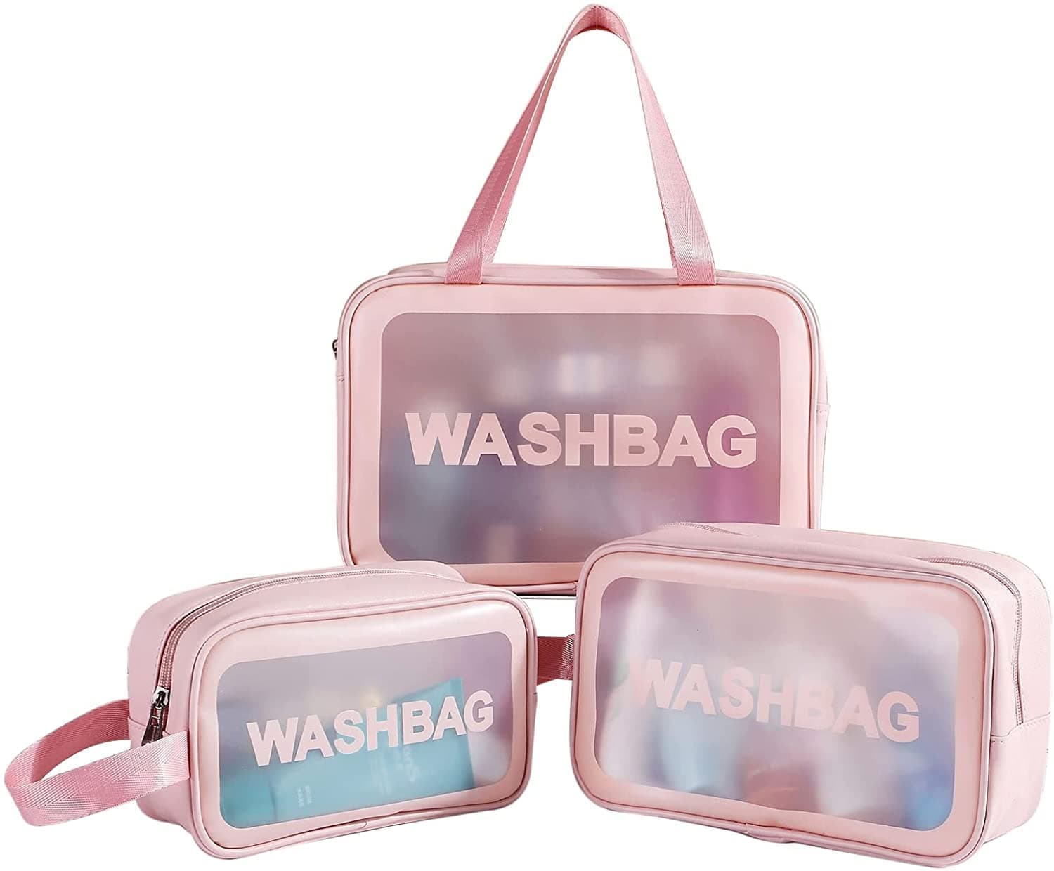FLYNGOClear Makeup Pouch Set, Make Up Bag Cosmetic Organizer for Women and Girls Travel Waterproof Toiletry Storage Kit, Set of 3 LIght Pink, Travel Accessories