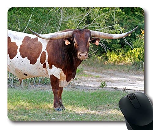 Custom Unique Mouse Pad with Bull Horns Huge Grass Tag Grazing Non-Slip Neoprene Rubber Standard Size 9 Inch(220mm) X 7 Inch(180mm) X 1/8 Inch(3mm) Desktop Mousepad Laptop Mousepads Comfortable Computer Mouse Mat