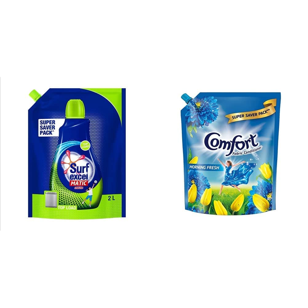 Surf Excel Top Load Matic Liquid Detergent Pouch - 2 L & After Wash Morning Fresh Fabric Conditioner Pouch - 2 L Combo