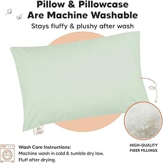 Toddler Sleeping Pillow Made of Soft, Organic Cotton with Washable, Breathable Cover, for Traveling (Sage)