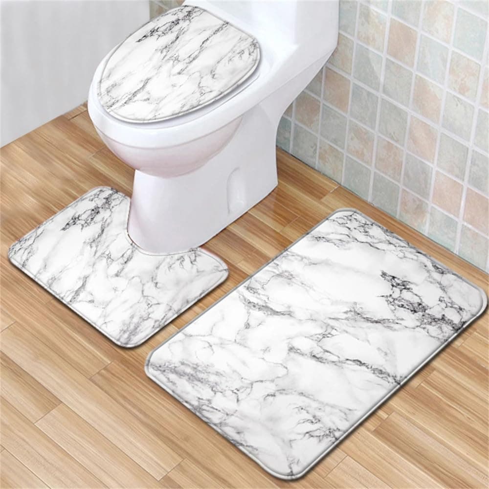 Three-Piece Toilet Floor Mat Marble Pattern Bathroom Mat Non-Slip Toilet Mats Floor Mats Home Decoration Bathroom Accessories,Black,gl,400MMx600MM (White gl 400MMx600MM)