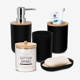 IMAVO Black Bathroom Accessories Set,5 Piece Bathroom Gift Set,Toothbrush Holder,Toothbrush Cup,Soap Dispenser,Soap Dish and Q-tip Holder