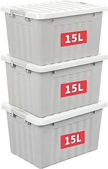 Cetomo 15L*3 Storage Boxes with Lids, Plastic Storage Box with Secure Side Latches, Stackable & Nestable Organizer for Home, Office, Moving, PP, Gray, 15L-3 Pack