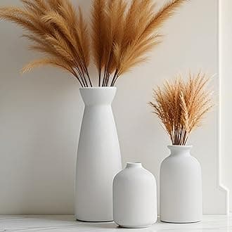 Distressed Ceramic Vase Set of 3, Modern Bohemian Farmhouse Home Decor, Pampas Grass Dried Flowers Vases for Living Room, Dining Room, Bedroom, Kitchen, Bathroom, Office, Entryway (White)