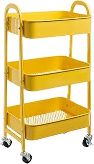 DOEWORKS Storage Trolley, 3 Tier Service Trolley, Kitchen Trolley, Wheelchair, Metal Trolley for Bedroom, Bathroom, Office, Yellow