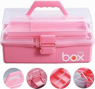 2PCS 12'' Three-Layer Clear Plastic Home Storage Boxes, Multipurpose Organizer and Portable Handled Storage Case for Art Craft and Cosmetic (Pink)