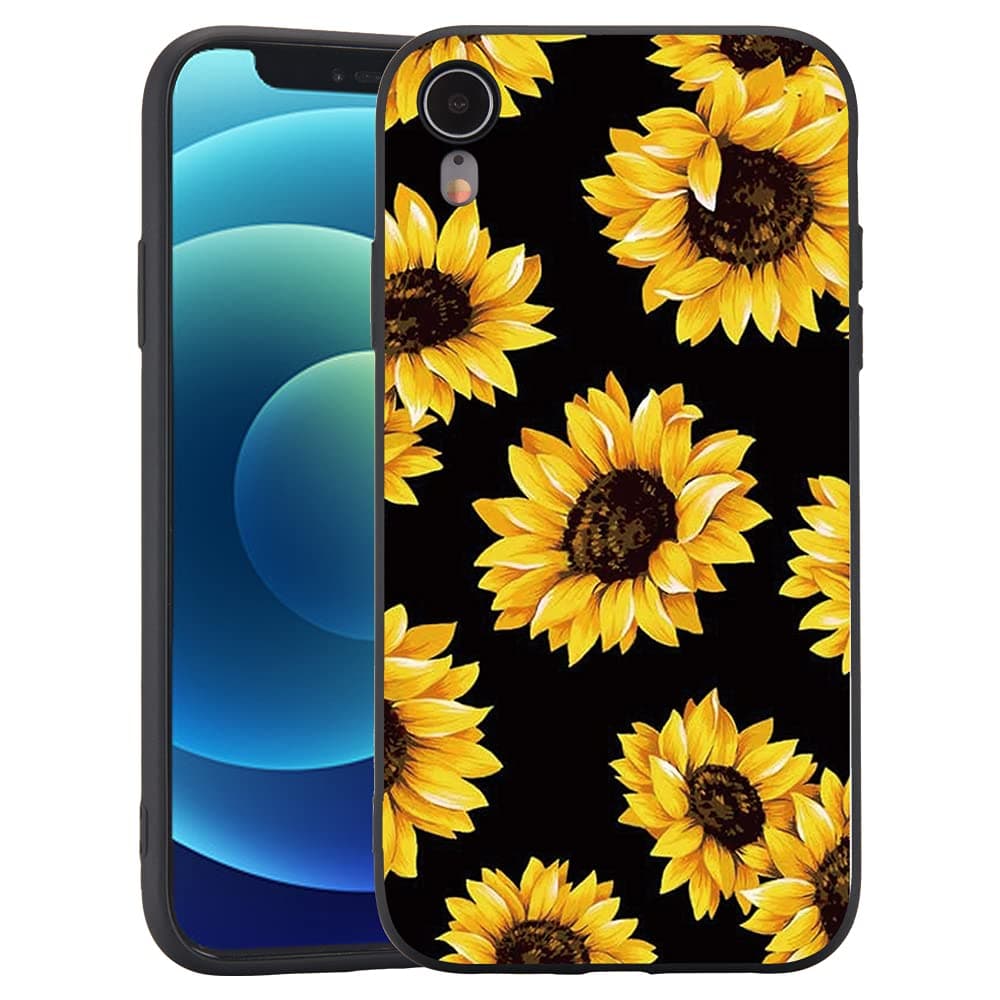 Sunflowers Case for iPhone 7 Plus/iPhone 8 Plus, LALAPOPO Cute Floral Design Soft Full Protective Slim Black Rubber Drop Protection for Girls Women