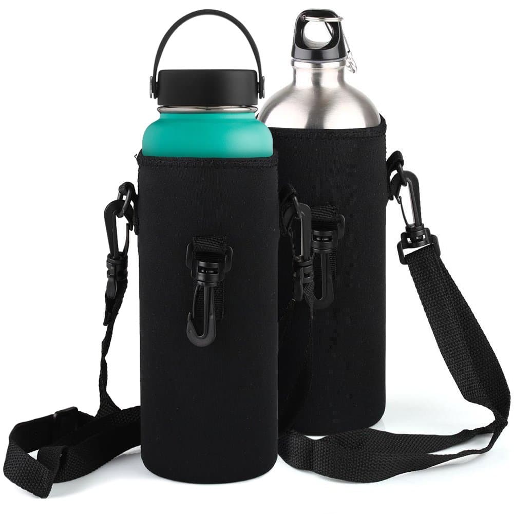 | 2pcs 1L/34oz Capacity Insulated Neoprene Water Bottle Holder with Adjustable Shoulder Strap | Sporty Water Bottle Pouch Cover for Walking Running Cycling | Black | 1583