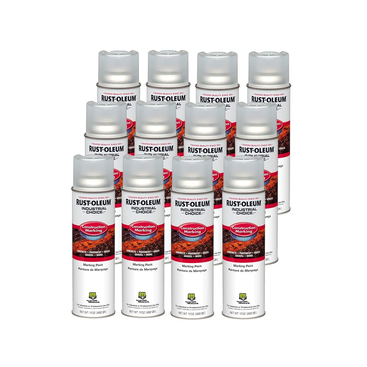 Rust-Oleum 264693-12PK Industrial Choice M1400 System Water-Based Construction Marking Paint, 17 oz, Clear, 12 Pack