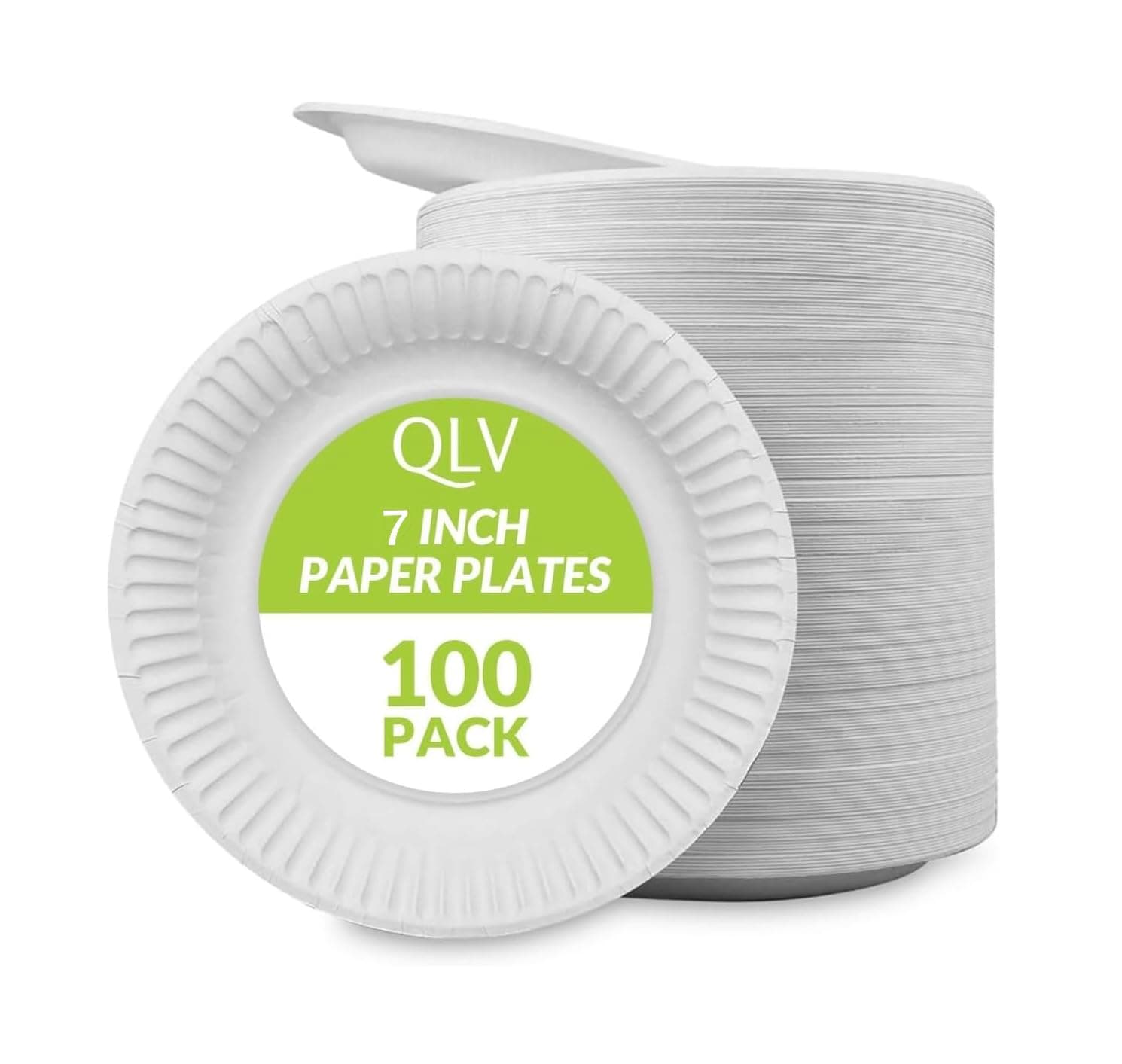 QLV White Paper Plates 100 Pack - 7 inch Disposable Plates for Parties, Christmas, Birthdays, BBQs, and Gatherings - Heavy Duty, Biodegradable & Compostable Party Plates for Hot & Cold Food