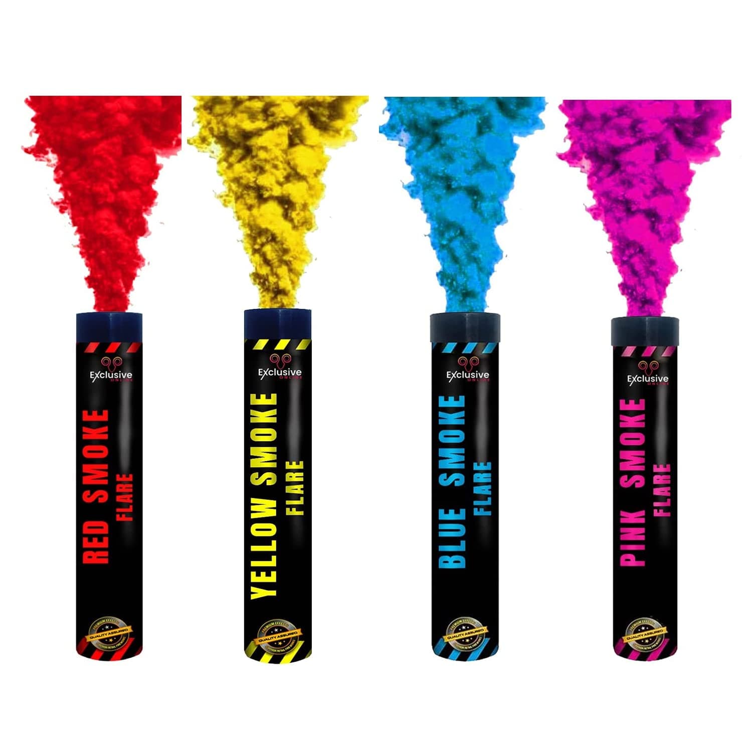 EXCLUSIVE ONLINE Ring Pull Smoke Grenades/Flares Pack of 4 Colors for Paintball Weddings Photoshoots Football Celebrations & Special Effects - Pink, Blue, Yellow and Red