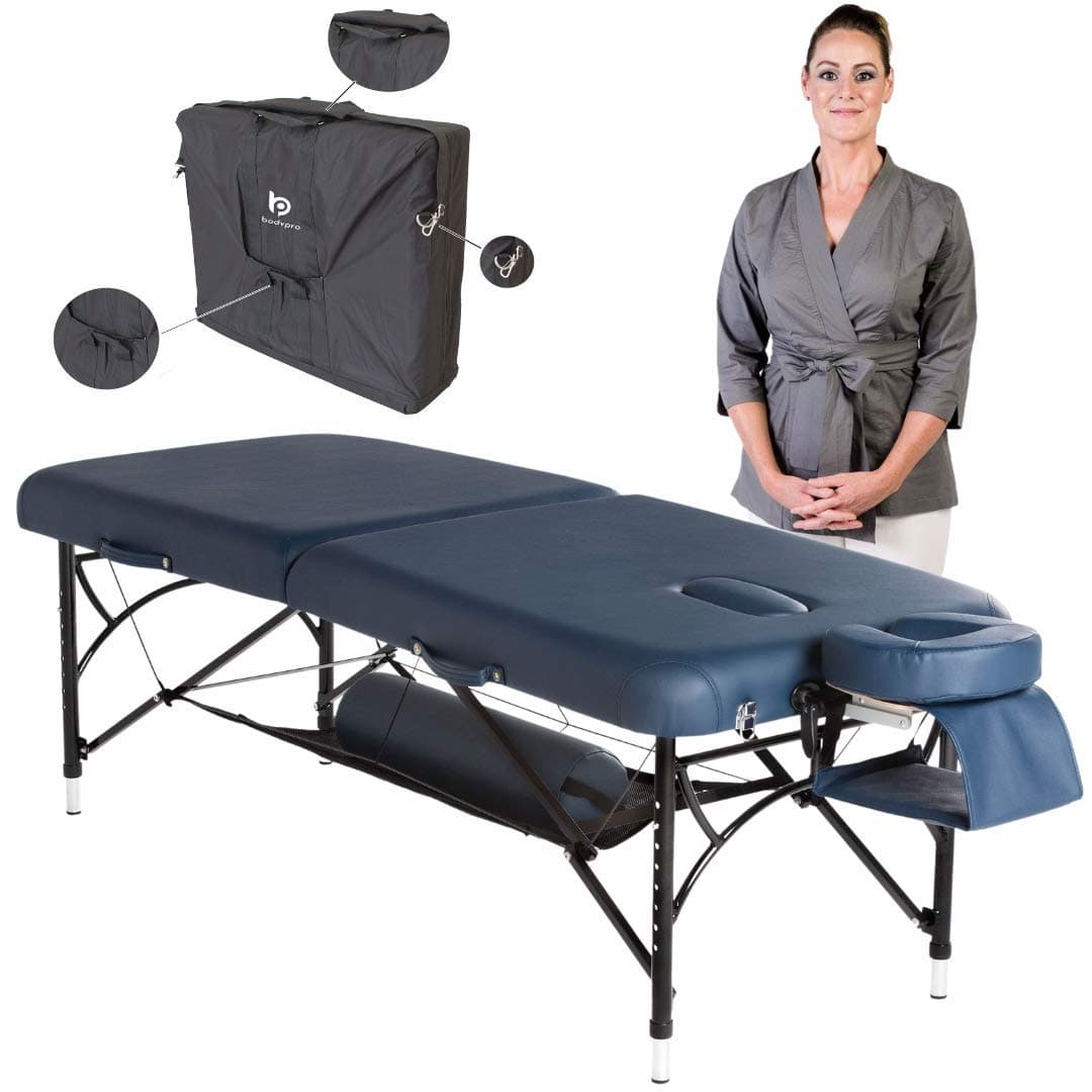 BodyPro® Active Deluxe Professional Lightweight Portable Massage Table-7CM High Density Foam + Breathe Hole + Face Cushion + Reiki Panels + Carry Case + Storage Shelf- 28" Width - 13Kg Weight (Navy)